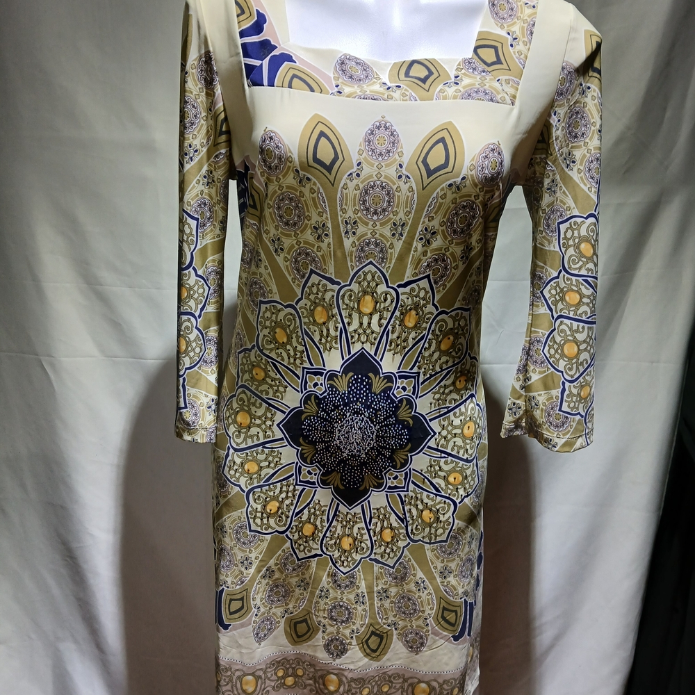 White Mark Gold and Navy Geometric Floral Midi Dress